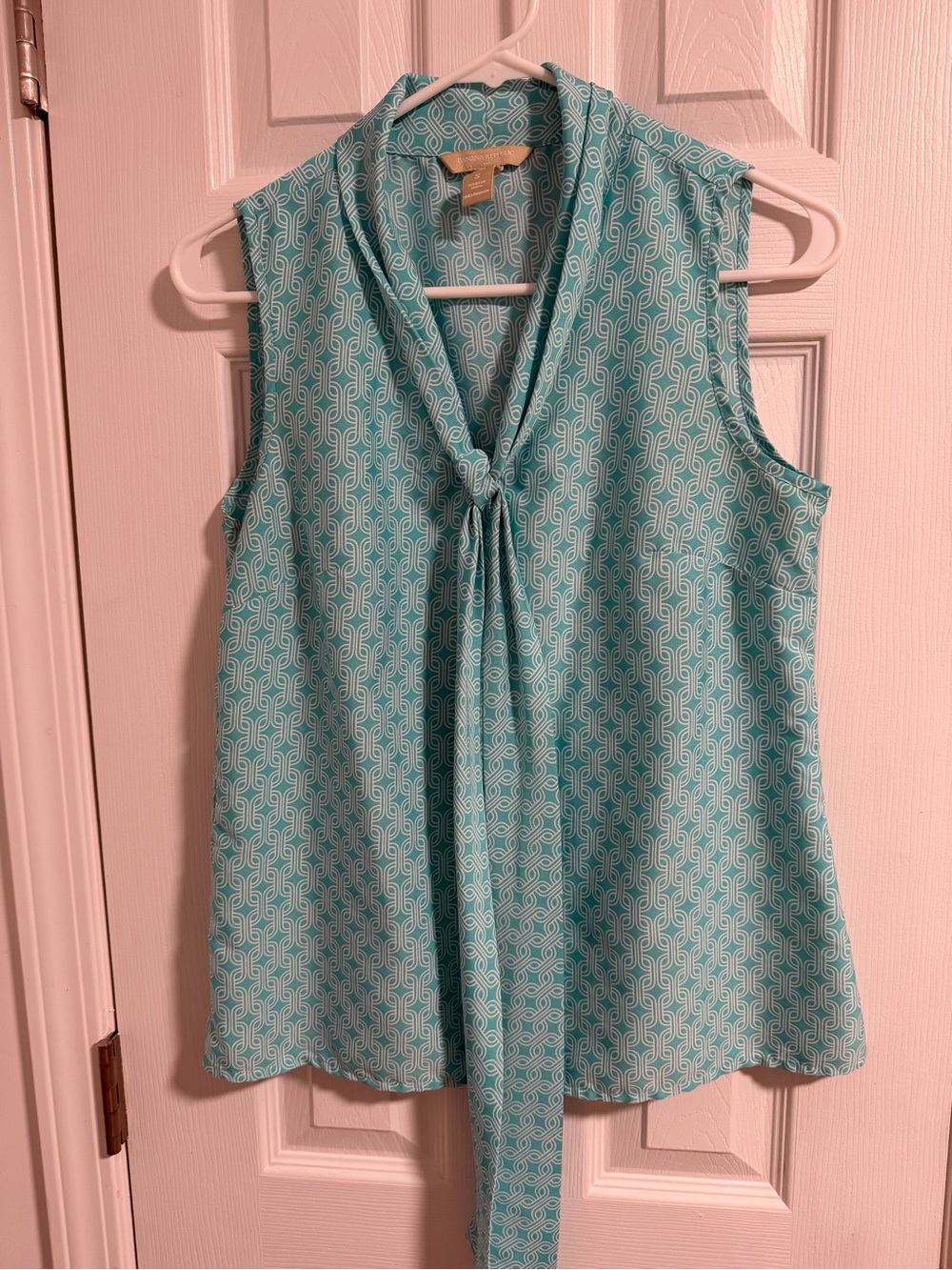 Banana Republic Sleeveless Tie-Neck Geometric Print Top - Aqua Blue